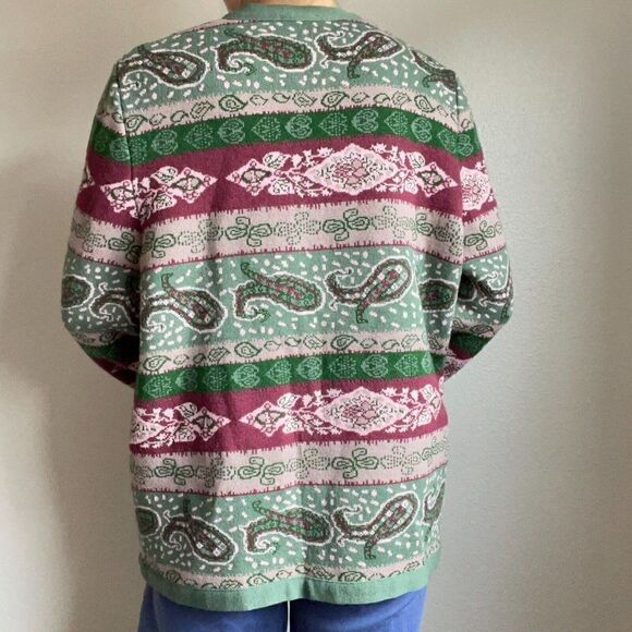 Vintage 80s Womens Pink Green Paisley Striped Oversized Grandma Cardigan Sz L - Picture 8 of 11